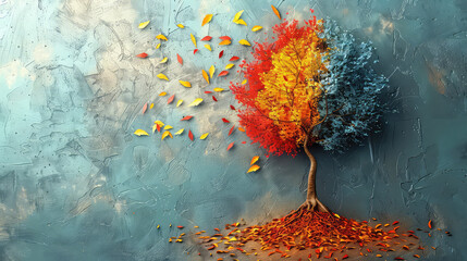 Elegant colorful tree with vibrant leaves hanging branches illustration background. Bright color 3d abstraction wallpaper for interior mural painting wall art decor. Ai	