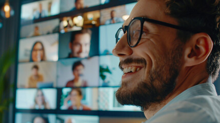 A close-up view of a manager welcoming a new team member through a video call, with onboarding materials displayed on screen