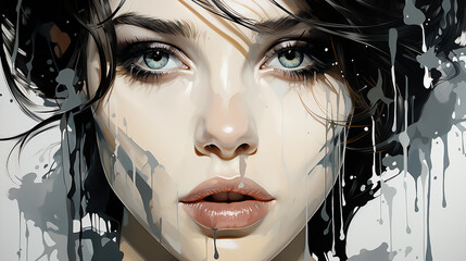 Artistic portrait of a young woman. Black hair, sensual lips, intense gaze, dramatic expression. Watercolor sketch. Isolated on white background. Close-up