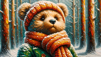 bear wearing a knitted hat and scarf in a snowy forest setting