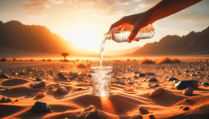 Hand pouring water from a bottle into a glass in the desert with the sun setting in the background, emphasizing the essence of hydration.