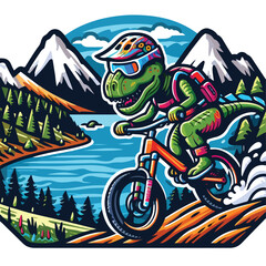 Fototapeta premium dinosaur riding a bike with mountain 