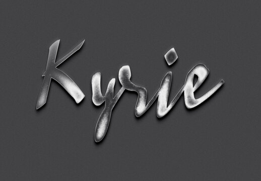 Chrome metal 3D name design of Kyrie on grey background.