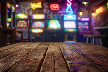 A rustic table in an arcade, with a blurred background of brightly lit retro arcade games. The image evokes a nostalgic feel and provides ample copy space.