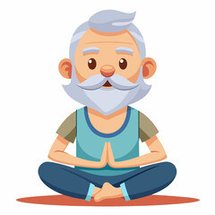 An elderly man with a beard and mustache sits in lotus position