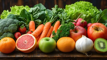 fresh fruits and vegetables on a wooden table