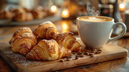 Freshly baked croissant with a cup of coffee. Breakfast with coffee and croissant.