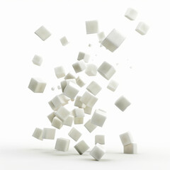 Sugar cubes floating or flying, isolated on a white background