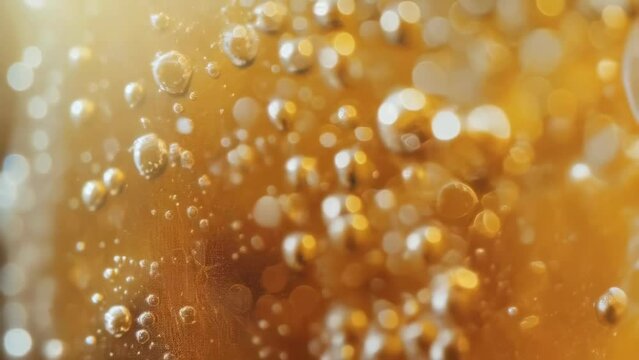 A closeup of a carbonated beverage showcases numerous bubbles rising in amber liquid. The image captures the effervescence, likely indicating a refreshing drink such as soda or beer. The warm