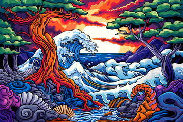 Obraz premium A painting of a wave crashing on a rocky shore with a tree in the foreground. The painting is full of vibrant colors and has a dreamy, almost surreal feel to it