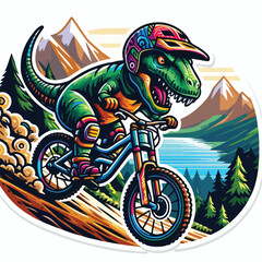 dinosaur riding a bike with mountain
