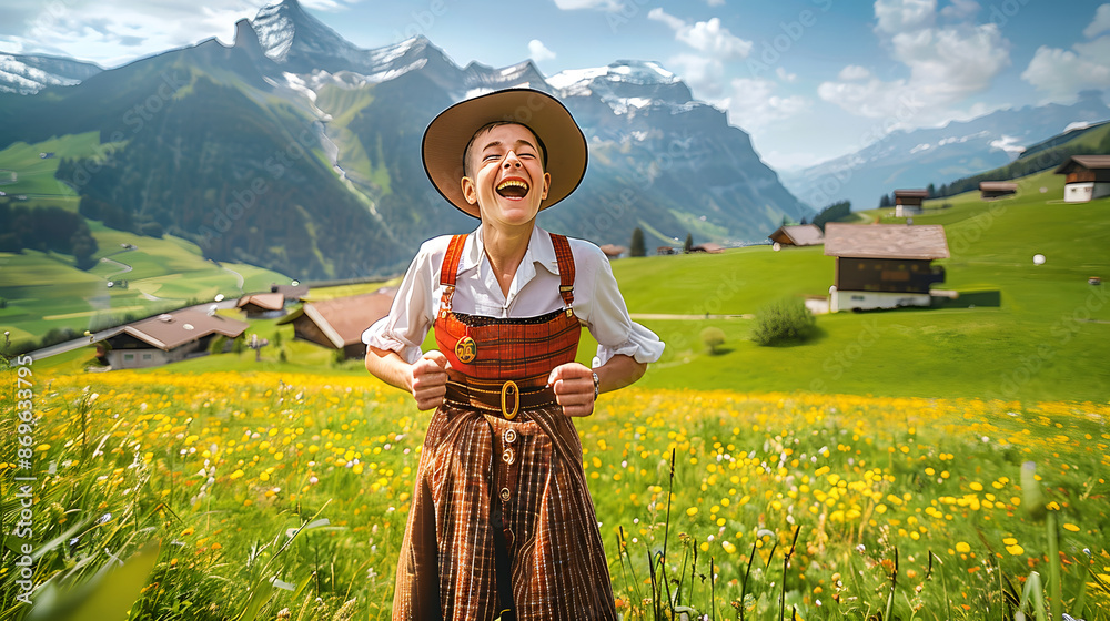 Poster Joyful Swiss Yodler in Traditional Attire Amidst Alpine Meadow and Chalets