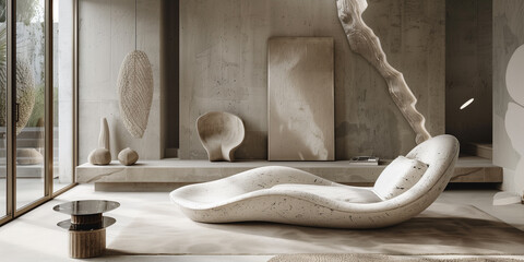 Beautiful modern Futuristic bionic forms architecture. Indoor space interior. Concrete, glass, plants. Digital art. Social media post, graphic element, banner, print, wallpaper. Generative Ai content