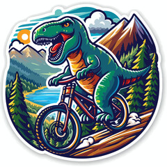 dinosaur riding a bike with mountain
