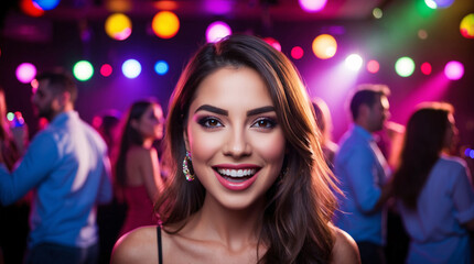 Fototapeta premium Young beautiful hispanic latina woman having fun in a dance club party with colorful lights illuminating her face and the background
