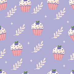 Cute hand drawn blueberry cupcakes seamless pattern on blue background