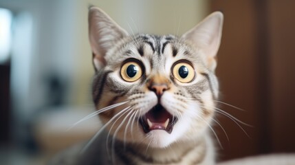Obraz premium .surprised cat make big eyes. American shorthair surprised cat or kitten funny face big eyes, cute, domestic, kitten, feline, Emotional surprised, kitty, wow