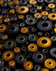 A close up of many different colored gears, some of which are gold and black