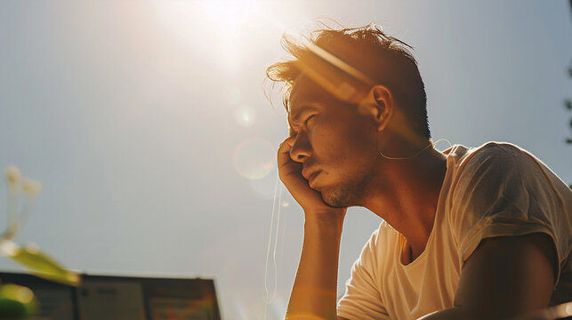 heat stroke - Heat stroke A man is worried in the hot sun's heat with a wet towel on his head, hot sunlight