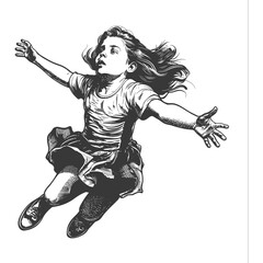 Fototapeta premium flying little girl with engraving style black color only