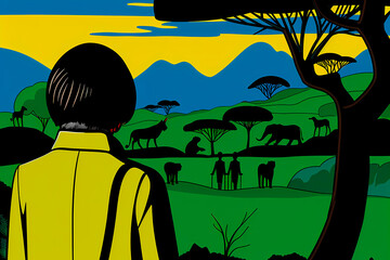 An individual with a backpack stands in the foreground observing a wide array of African wildlife including elephants, giraffes, and antelopes in a scenic landscape.