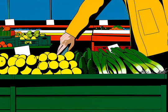 An illustration showcasing a hand reaching out to select fresh produce from a display of fruits and vegetables at an outdoor market, emphasizing choice and quality produce.