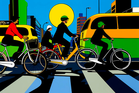 A colorful depiction of a busy city intersection where cyclists and vehicles share the road under a sunny sky, illustrating urban commuting, sustainable transport, and city life.