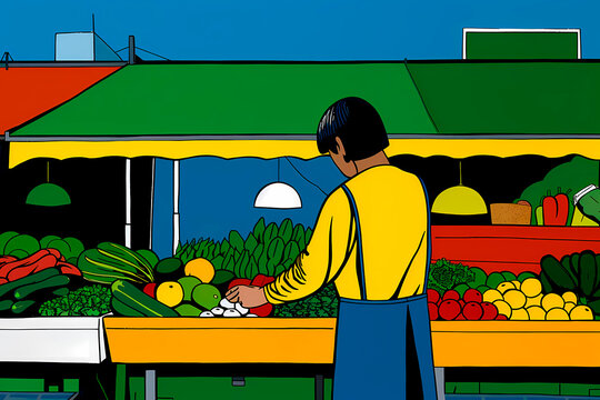 A colorful illustration of a vendor standing behind a market stall arranging fresh fruits and vegetables, representing daily life and commerce at a vibrant outdoor market.