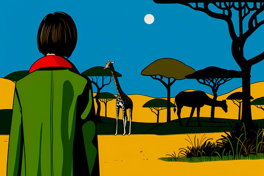 A back view of a person in a green coat looking towards a giraffe and other savannah animals under the blue sky and bright sun, surrounded by Acacia trees.