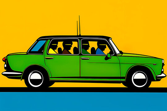 This image captures a green car driving against a strikingly colorful abstract background, highlighting the contrast between the vehicle and its vivid environment.