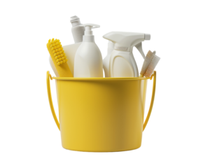 Assorted cleaning supplies in a yellow bucket, isolated on white.