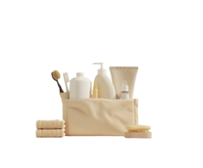 Beige toiletry bag with various items, isolated on white.