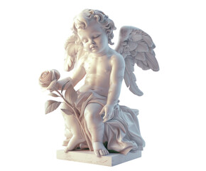 Fototapeta premium Cherub angel holding a rose, isolated on white.