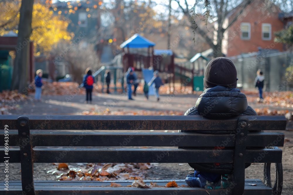 Sticker a boy sitting on a park bench in the fall