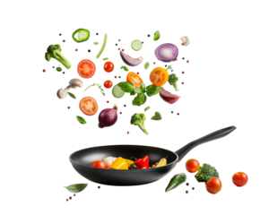 Frying pan with assorted vegetables and herbs flying, isolated on white.