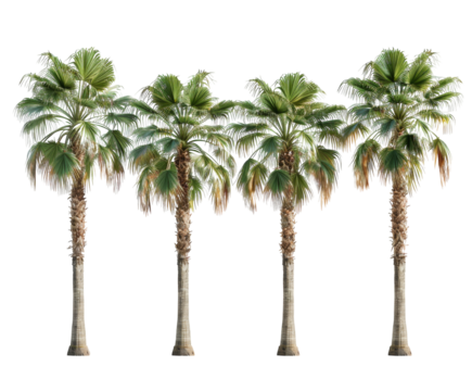 Five palm trees with varied bending shapes, isolated on white.