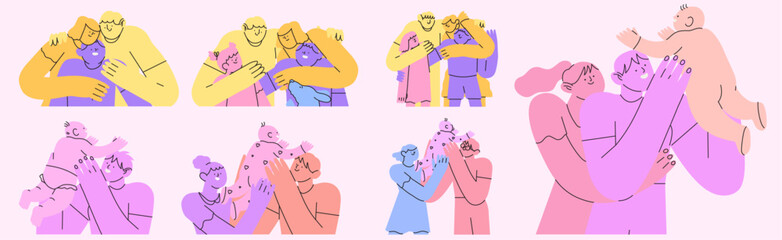 Happy family hug set. Parents and kids embrace with love, support. Mother, father, children spend time together. Bonding relationship concept. Flat vector illustration in simple abstract style.