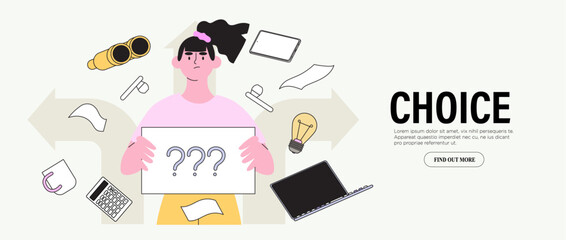 Confused student teen at crossroad sign hold question mark think which way to go vector illustration. Decision making, career or educational path, work direction. Choose right way to success concept.