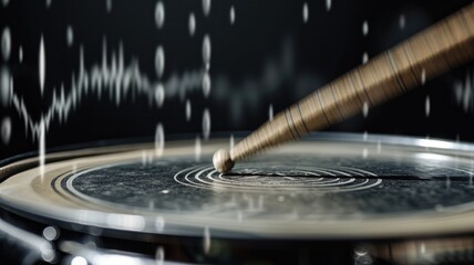Obraz premium Drumstick striking drum head causing vibrations and sound waves