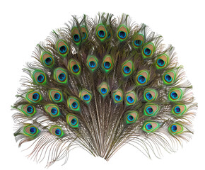 Fototapeta premium Peacock feathers with vibrant colors, isolated on white.