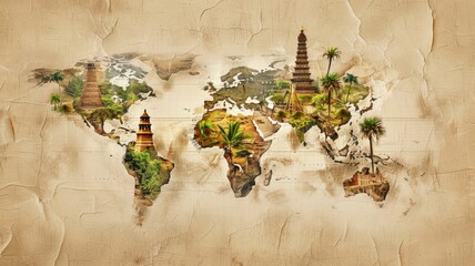 Vintage world map showcasing famous landmarks with ancient, textured background and green palm trees