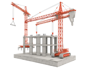 Building under construction with cranes on white background..
