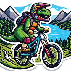 dinosaur riding a bike with mountain
