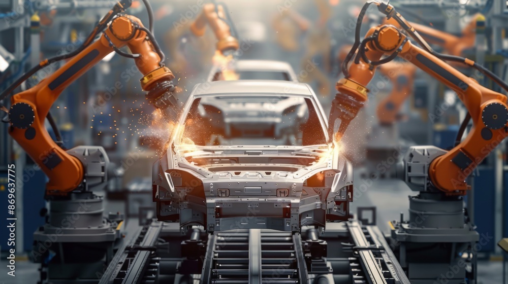 Aufkleber An assembly line with robotic arms welding the frame of a car. Sparks fly from the welding process, highlighting the industrial nature of the scene.