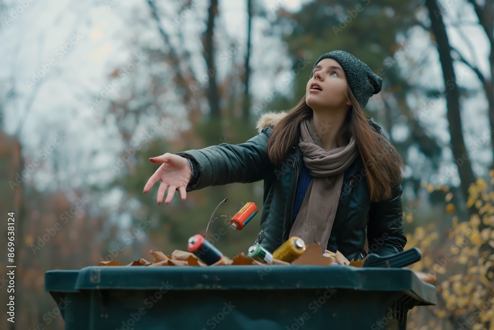 Sticker a woman throwing garbage in a trash can