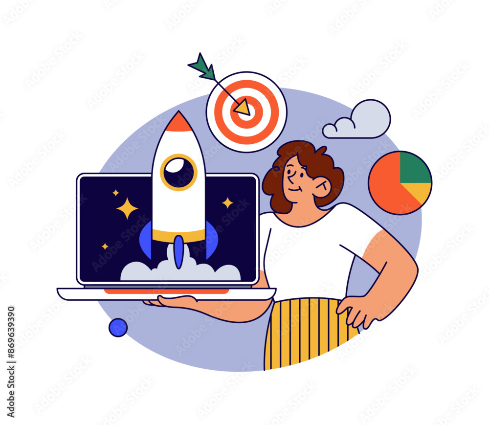 Poster business startup launching, isolated female personage with starting project. vector flat girl cartoo