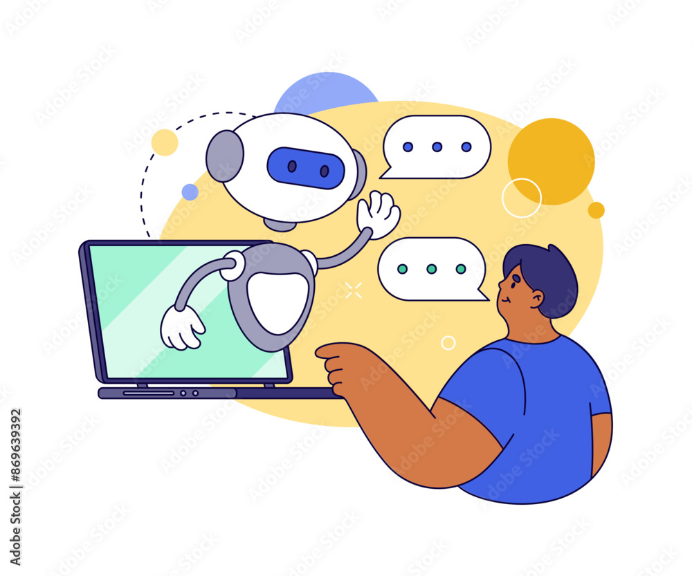 Aufkleber Artificial intelligence application in laptop, chatbot communicating with man. Vector flat personal virtual digital assistant or helper for people, giving advice and in messenger