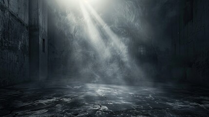 Foggy dark room with grunge concrete floor and dramatic spotlight