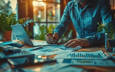 Business person checking income reports on multiple screens, Income, Business Finance