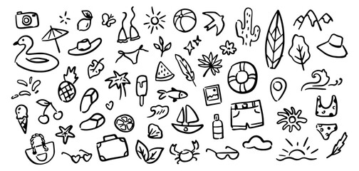Coloring doodle with summertime and vacation drawings. Vector isolated set of icons, nature and tropical fruits. Beach surfing board, waves and location pointer. Hat and lifebuoy, cherries and crab